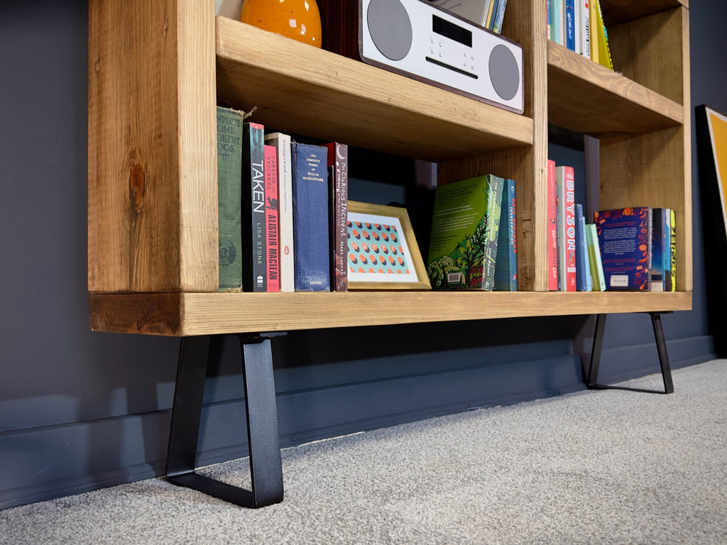 Rustic Bookcase | Low Sideboard Unit on Trapezium Legs | Industrial So ...