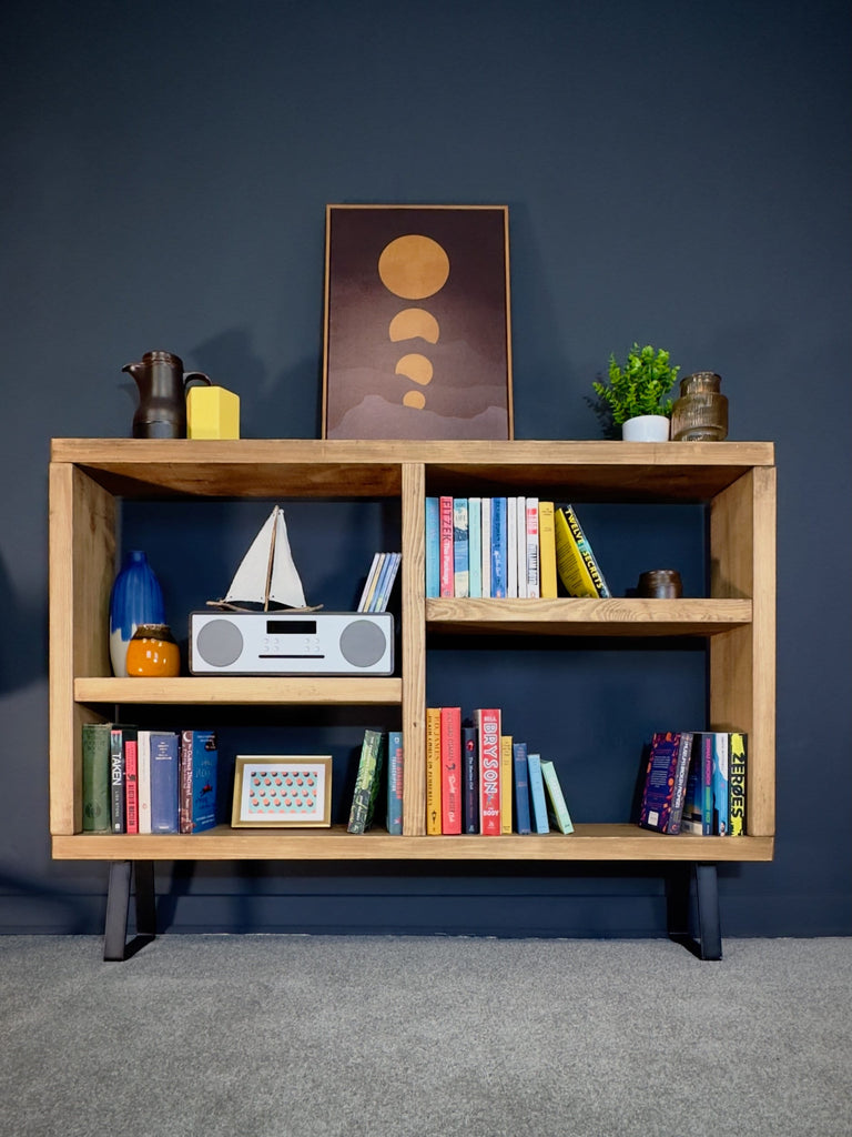 Rustic Bookcase | Low Sideboard Unit on Trapezium Legs | Industrial So ...