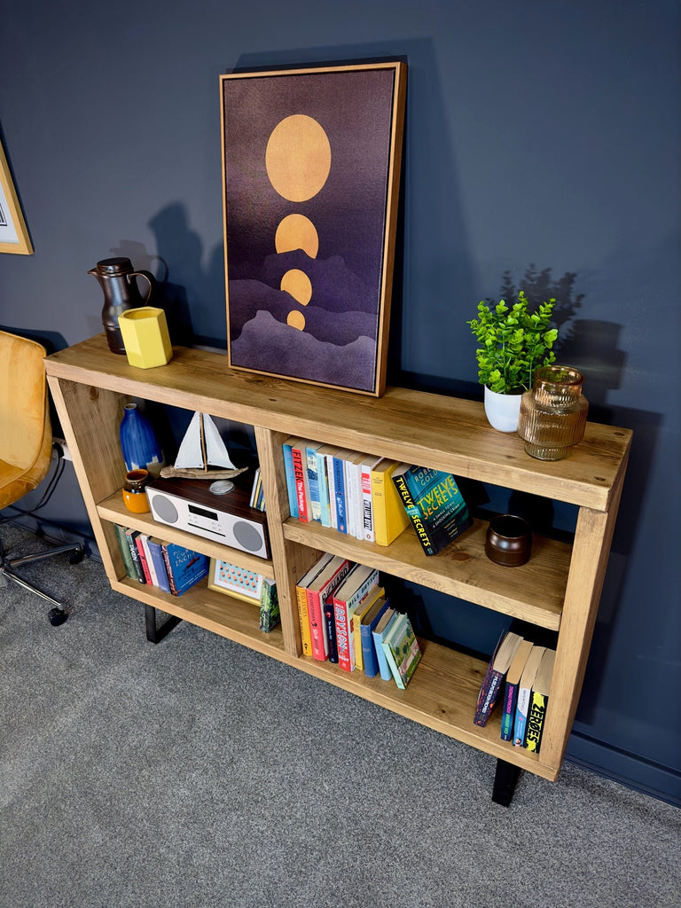 Rustic Bookcase | Low Sideboard Unit on Trapezium Legs | Industrial So ...