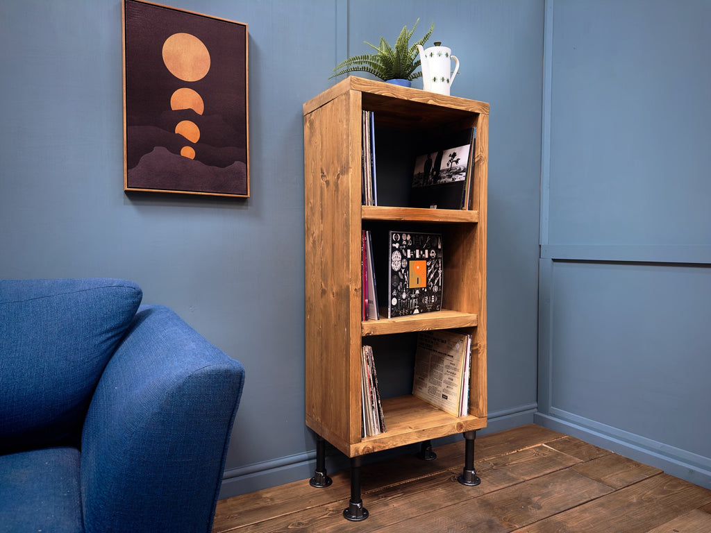 Industrial Record Cabinet | Rustic Solid Wooden Unit on Steel Tube Legs | Vinyl Storage