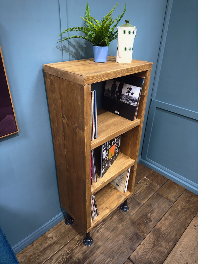 Industrial Record Cabinet | Rustic Solid Wooden Unit on Steel Tube Legs | Vinyl Storage