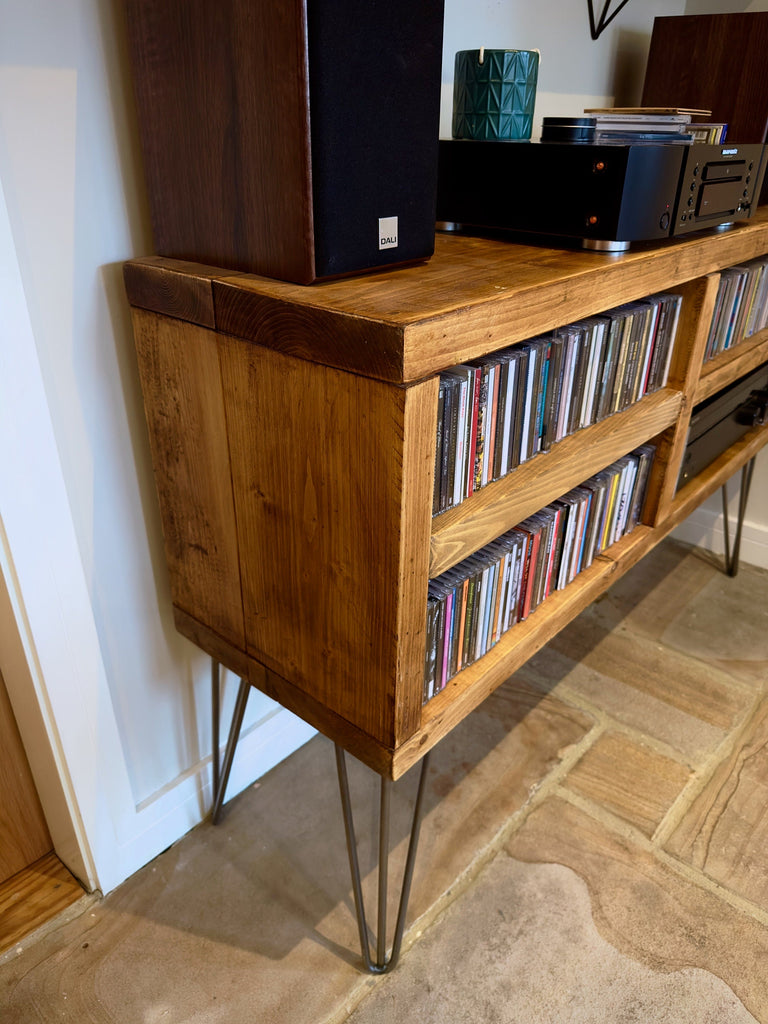 Industrial CD Player Stand | Hi Fi Cabinet | CD Storage Media TV Unit | Scaffold Board Reclaimed Rustic Wooden Sideboard