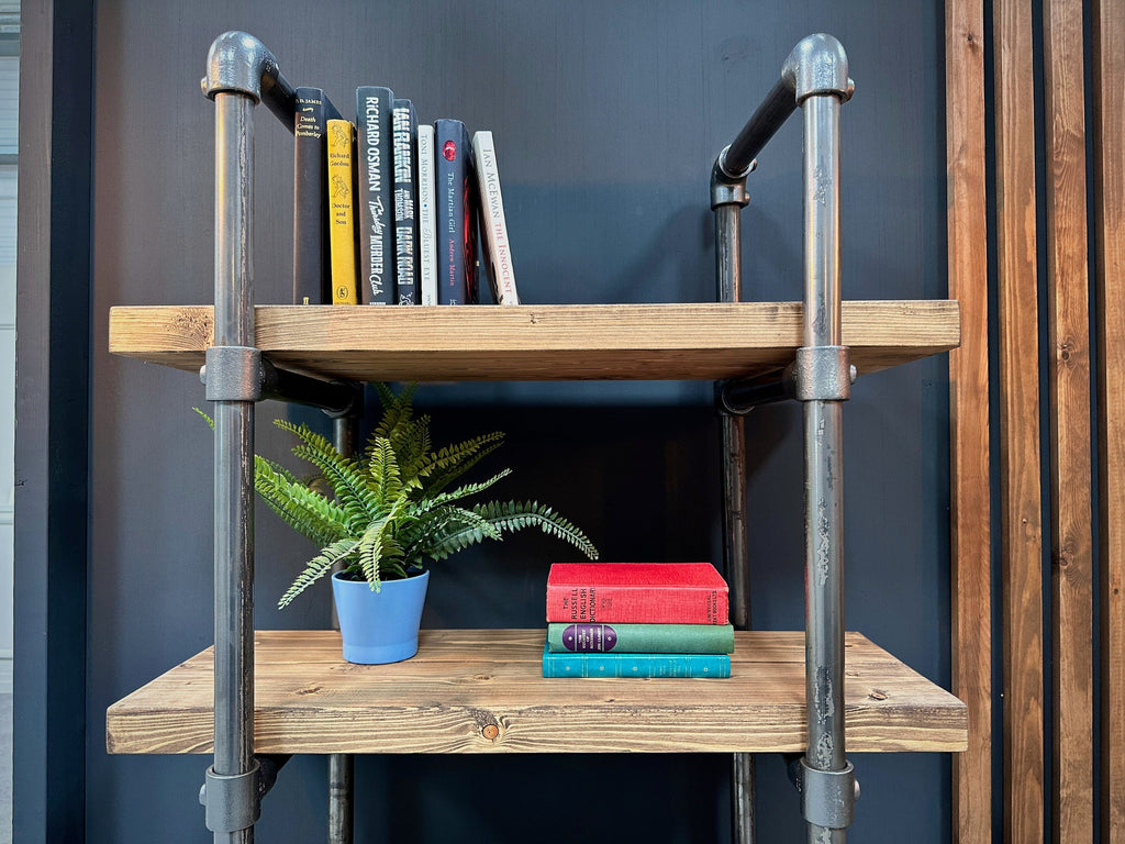 Industrial Shelving Unit with Cupboard | Rustic Scaffold Board Retro Ladder Style Bookcase, Cabinet | Steel Tube, Mid Century MCM Influence