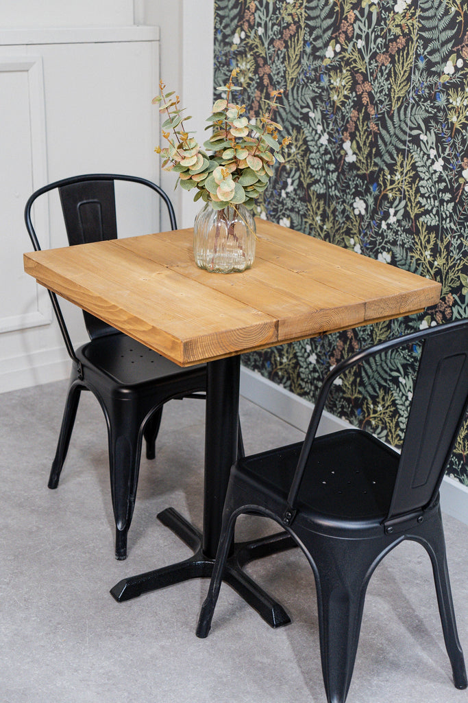 Rustic Bistro Table | Cafe Bar Style | Cast Iron Pedestal Base | Solid Wood Timber Top