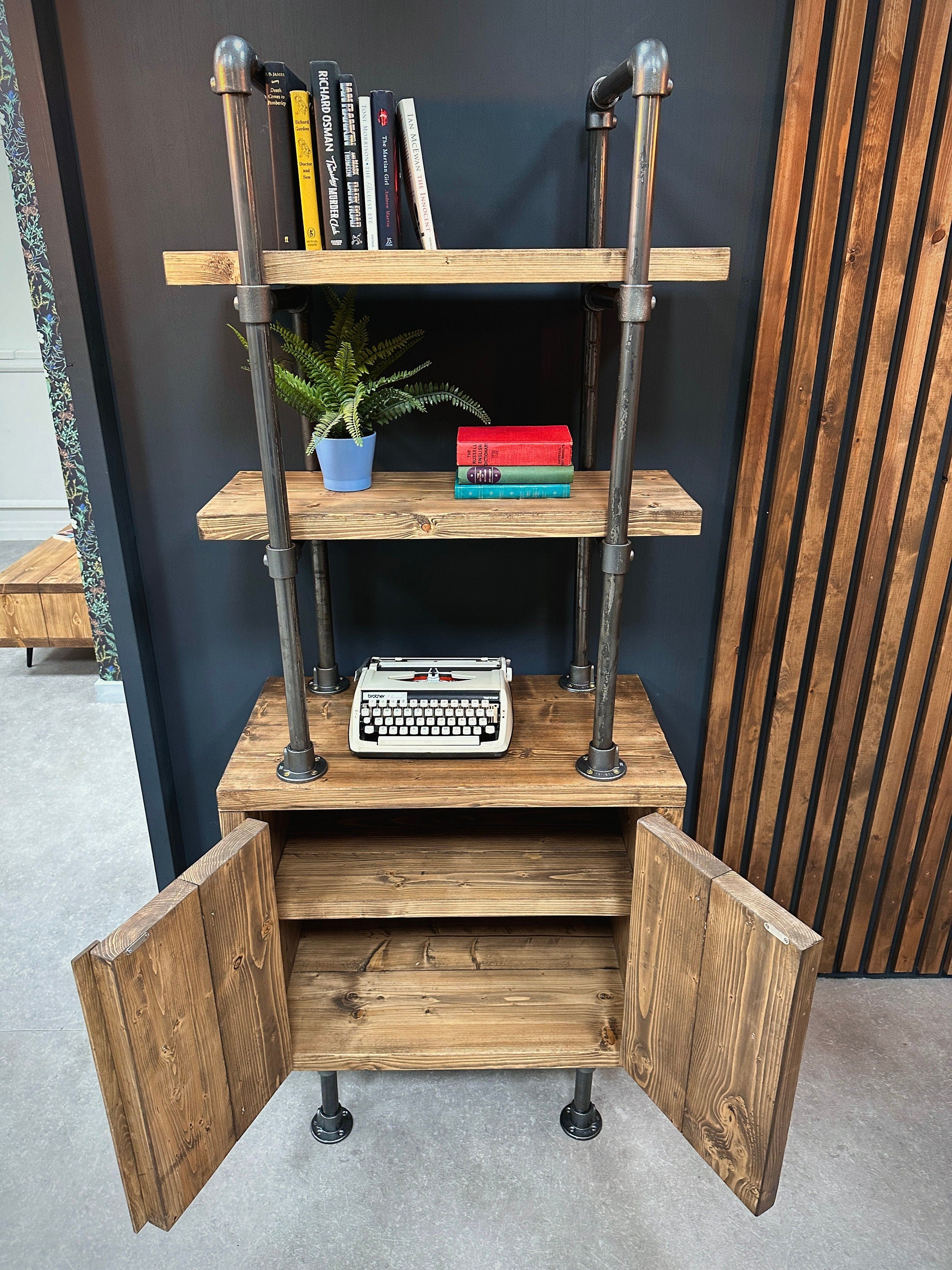 Rustic Shelving Unit Short Industrial Shelving Unit with Cupboard | Rustic Scaffold Board Retro L ...
