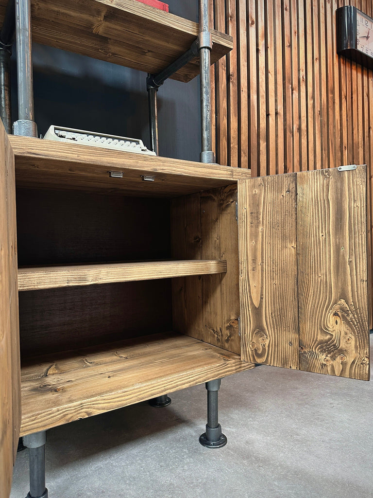 Industrial Shelving Unit with Cupboard | Rustic Scaffold Board Retro Ladder Style Bookcase, Cabinet | Steel Tube, Mid Century MCM Influence