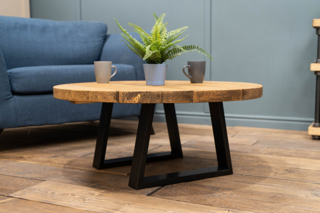 Circular Coffee Table on Square or Trapezium Steel Legs | Handmade, Round, Rustic Scaffold Board Style, Industrial Table