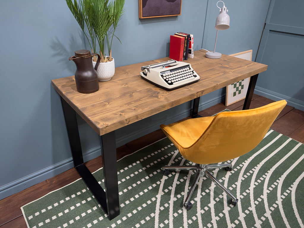 Rustic Desk with Steel Square Legs | Industrial, Reclaimed Style | Solid Wooden Desktop | Home Office, WFH