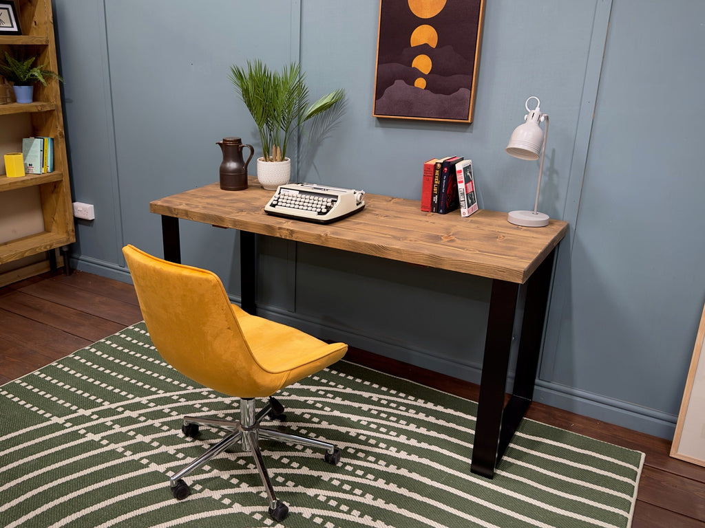 Rustic Desk with Steel Square Legs | Industrial, Reclaimed Style | Solid Wooden Desktop | Home Office, WFH