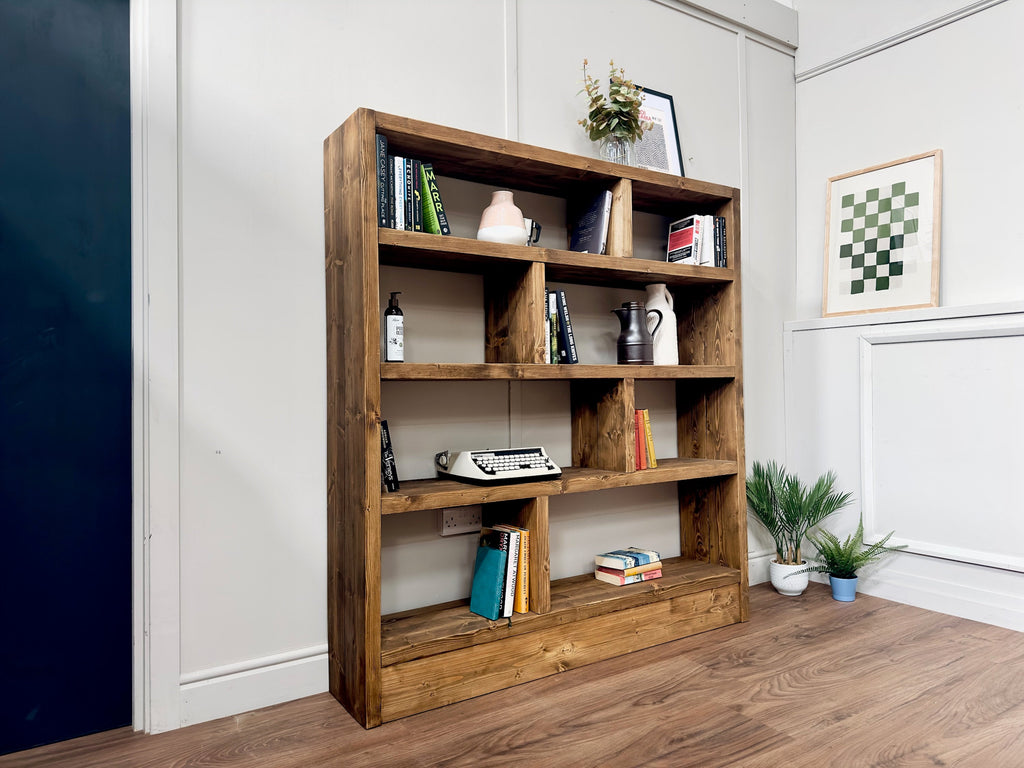 Rustic Wooden Bookcase | Solid Scaffold Timber Style | Industrial Wall Shelf Unit, Display Shelving, Living Room, Kitchen, Office