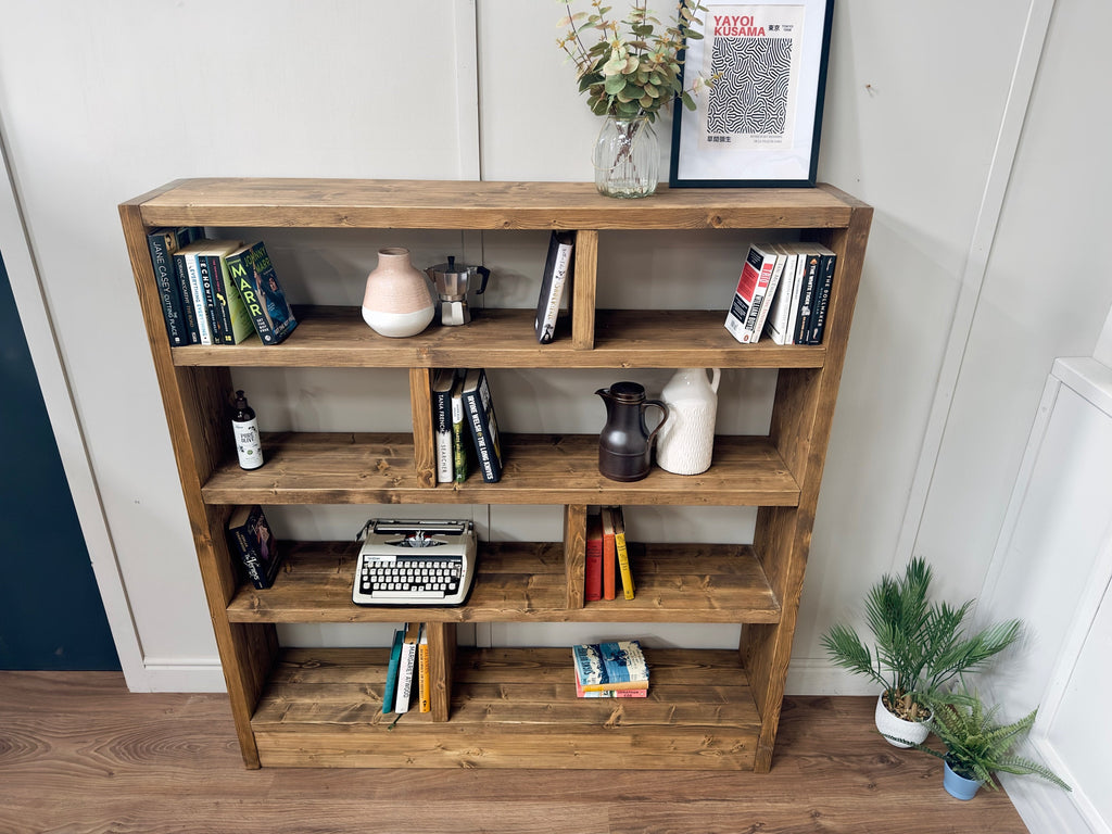 Rustic Wooden Bookcase | Solid Scaffold Timber Style | Industrial Wall Shelf Unit, Display Shelving, Living Room, Kitchen, Office