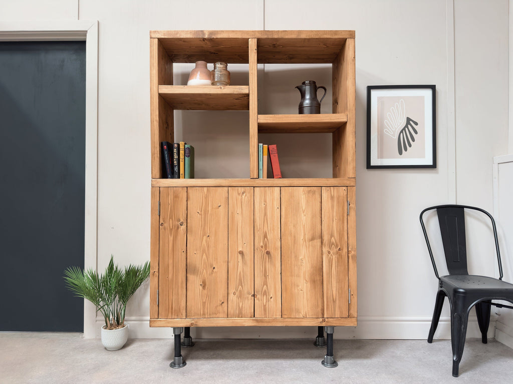 Wooden Cupboard Storage Unit | Scaffold Style, Natural Timber | Bookcase, Shelving, Steel Tube Legs | For Living Room, Dining or Office