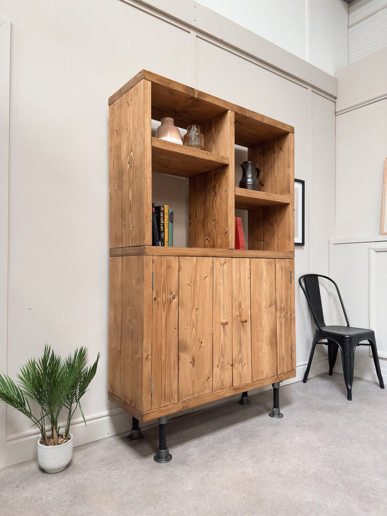Wooden Cupboard Storage Unit | Scaffold Style, Natural Timber | Bookcase, Shelving, Steel Tube Legs | For Living Room, Dining or Office
