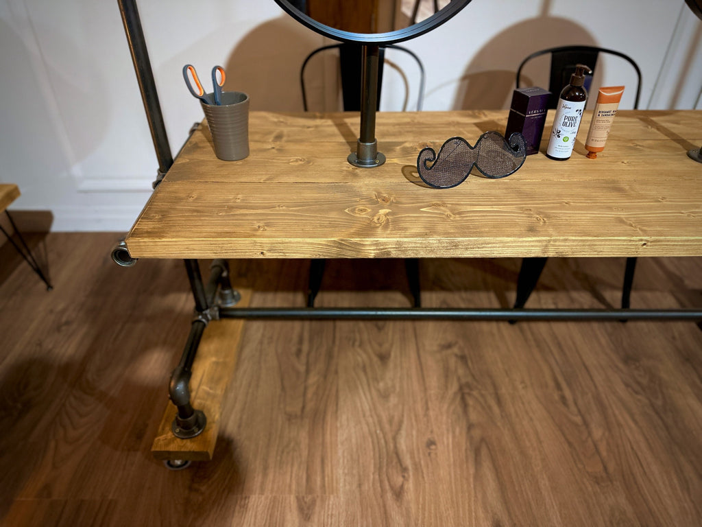 Industrial Style Salon Unit | Barbers, Hairdressing Workstation with Mirrors | Rustic Timber, Steel Tube | Shop, Dressing Room, Stylist