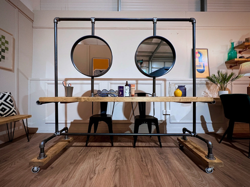 Industrial Style Salon Unit | Barbers, Hairdressing Workstation with Mirrors | Rustic Timber, Steel Tube | Shop, Dressing Room, Stylist