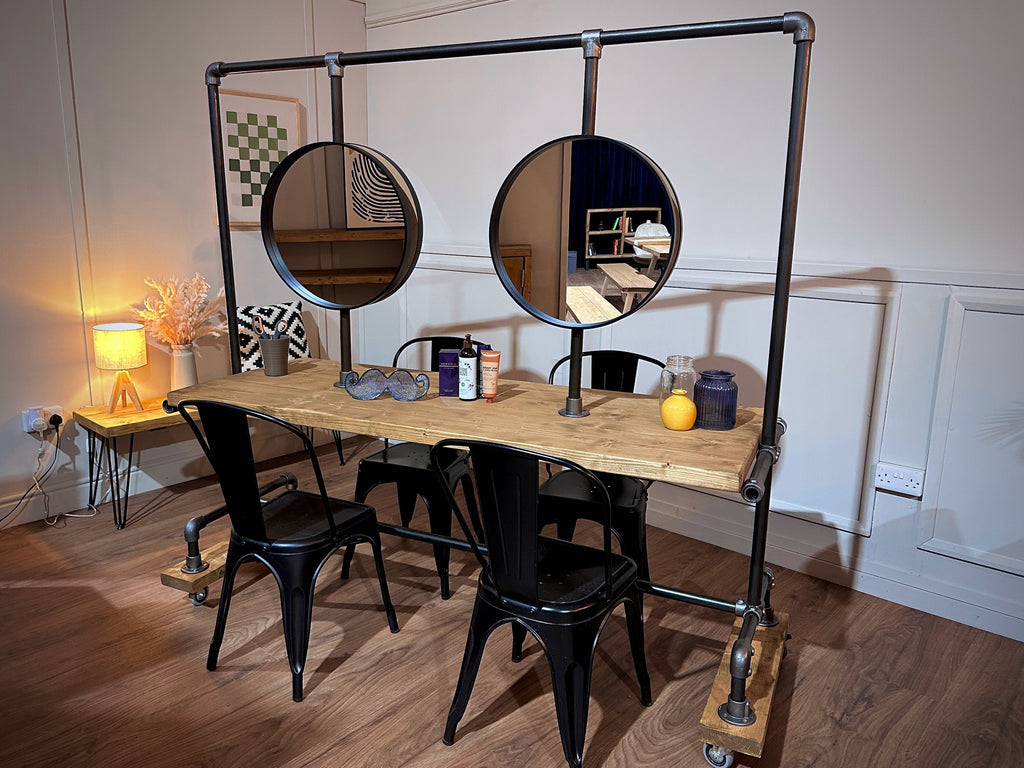 Industrial Style Salon Unit, Hairdressing Workstation, Handmade Barbers Station (with mirrors) made from Rustic Timber and Steel Tube | Shop, Dressing Room, Stylist, Nail Bar, Makeup studio.