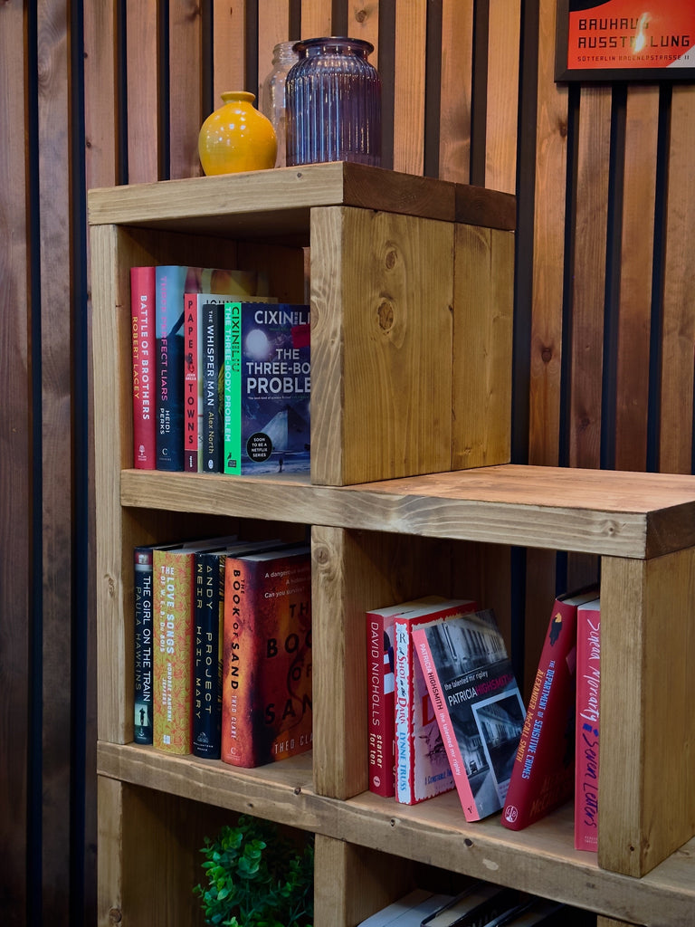 Rustic Step Bookcase | Shelving Unit | Reclaimed Style Solid Wooden Cube Bookshelves | Under Stairs Storage | Industrial Style Cabinet